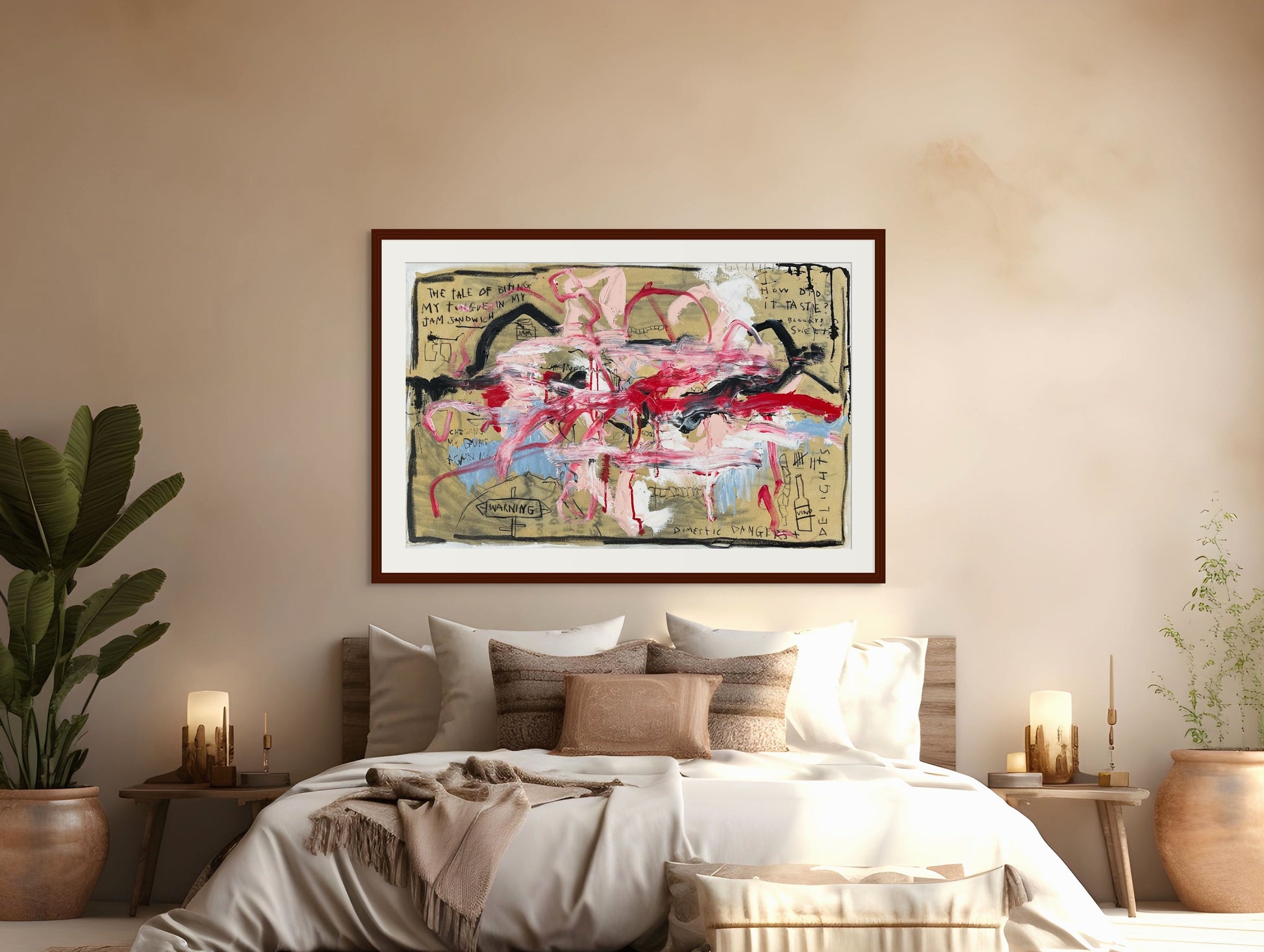 Neatly made bed in a bedroom with abstract art on the wall, plants, and candles.