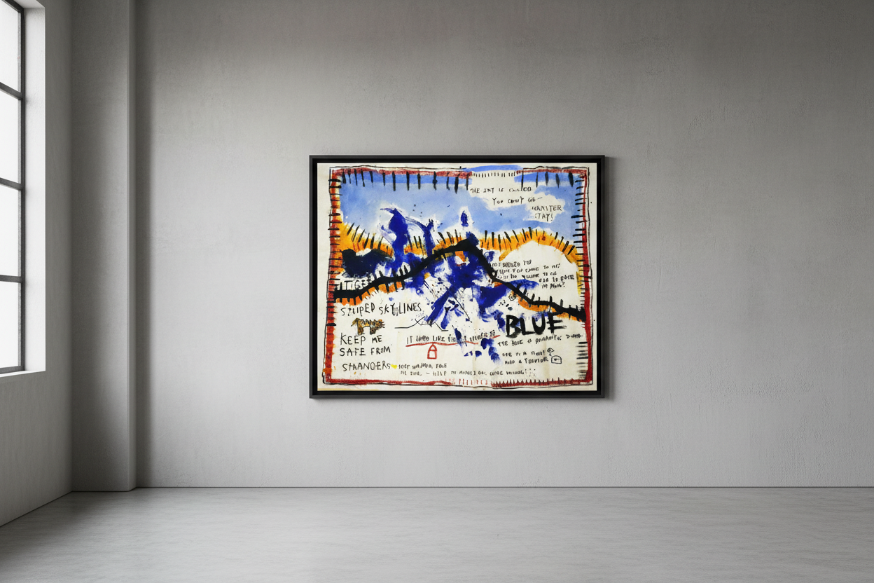 Framed abstract artwork on a gray wall with a window to the left.